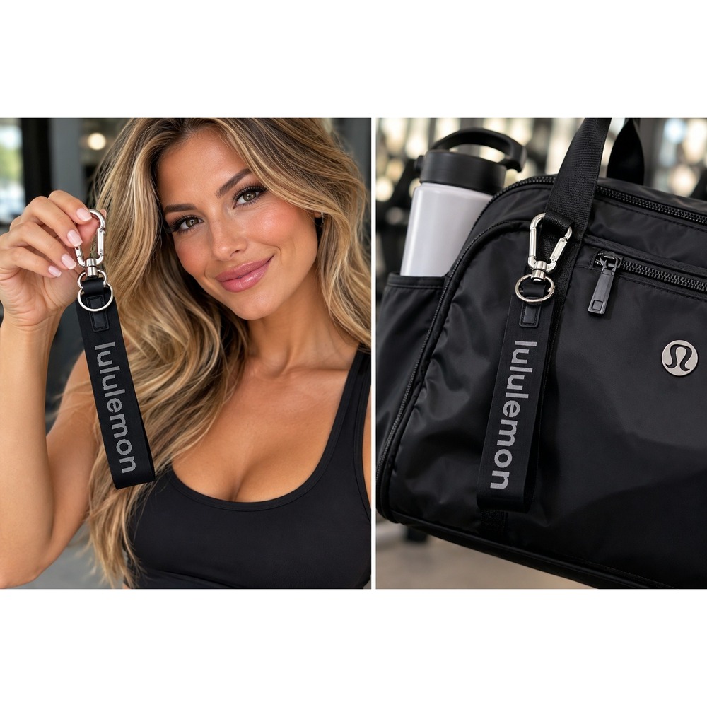Lululemon Never Lost Keychain OS Black Silver Logo Webbing Strap Key Fob #1702
